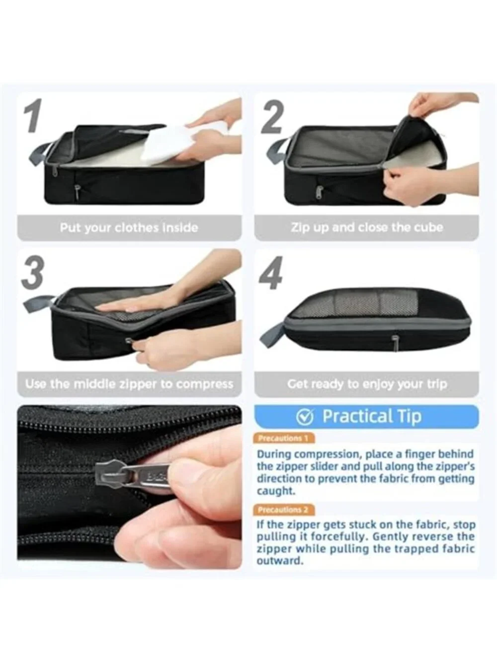 Compression Packing Cubes 6 Pcs Travel Luggage Organizer Space Saver Bags Black